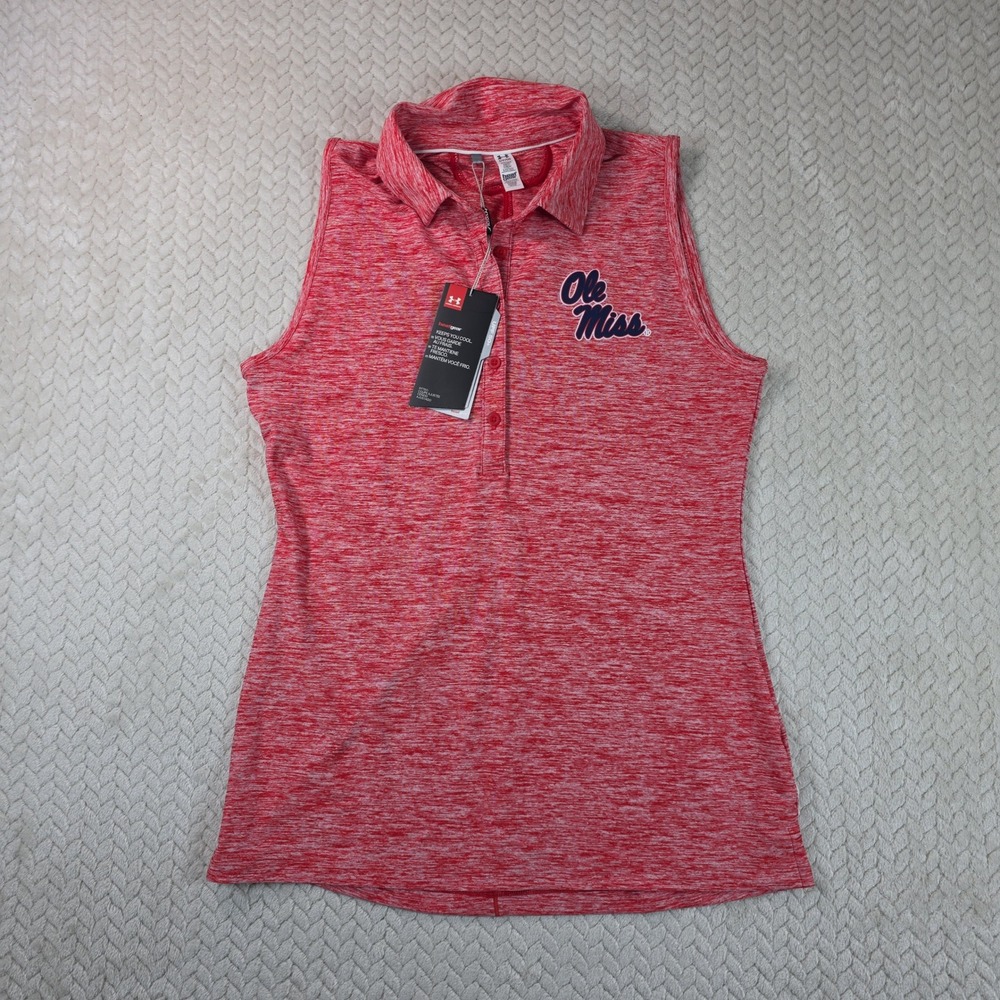 Under Armour Ole Miss Rebels Sleeveless Polo Shirt Red Heathered HeatGear Small